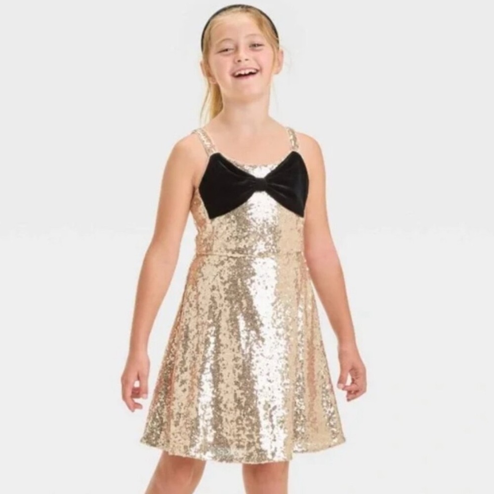 Cat & Jack Gold Sequin Dress with Black Bow